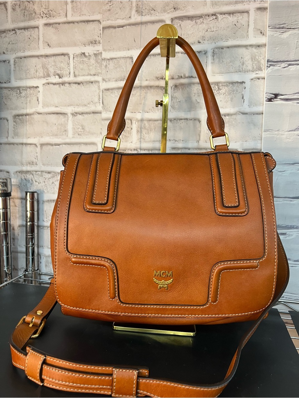 MCM Cognac Leather Satchel with Gold-Tone Hardware